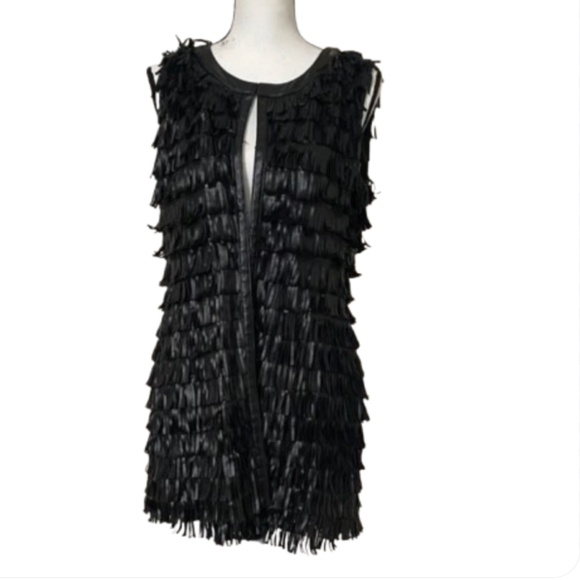 Simon Chang Elegant Black Fringe faux leather vest dress - Picture 1 of 15